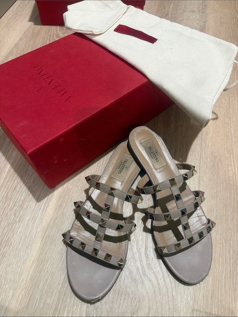 Valentino Beige/Taupe Rockstud Multi-Strap Slide Mules